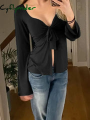 Cyflymder Front Lace-up Black Shirts for Women Long Sleeves Casual Fashion Outfits Aesthetic Y2K Cute Chic Basic