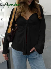 Cyflymder Front Lace-up Black Shirts for Women Long Sleeves Casual Fashion Outfits Aesthetic Y2K Cute Chic Basic