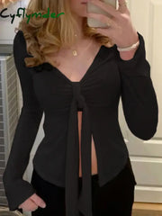 Cyflymder Front Lace-up Black Shirts for Women Long Sleeves Casual Fashion Outfits Aesthetic Y2K Cute Chic Basic