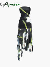 Cyflymder - Gardenia Floral Mesh Pleat Tube Midi Dress Black / 2Xs Dresses