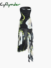 Cyflymder - Gardenia Floral Mesh Pleat Tube Midi Dress Dresses