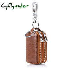 Cyflymder Genuine Cow Leather Home Car Keys’ Bag Double Pocket Zipper Mini Wallet Earth Yellow