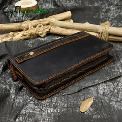 Cyflymder Genuine Leather Clutch Wallet For Men Cowskin Double Layer Zipper Purse Card Holder Male Big Hand Wallets