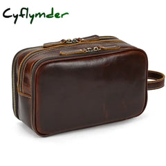 Cyflymder Genuine Leather Cosmetic Bag Men Women Makeup Portable Wash Shower Case Waterproof Clutch