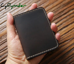 Cyflymder Genuine Leather Credit Card Holder For Men Vintage Short Handmade Bifold Slim Small Man