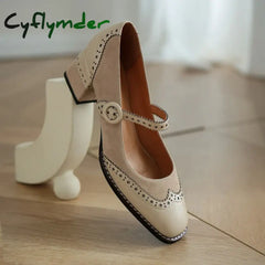 Cyflymder Genuine Leather Mary Jane Women’s Shoes Fashion Retro Buckle Shallow Pumps Square Toe