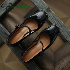 Cyflymder Genuine Leather Mary Jane Women’s Shoes Fashion Retro Buckle Shallow Pumps Square Toe