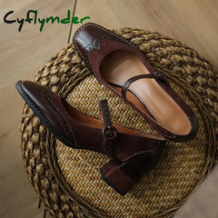 Cyflymder Genuine Leather Mary Jane Women’s Shoes Fashion Retro Buckle Shallow Pumps Square Toe