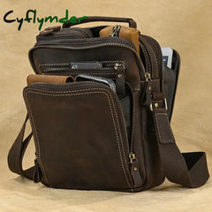 Cyflymder Genuine Leather Men’s Shoulder Bag Vintage Crazy Horse Skin Double Zipper Pocket Flap