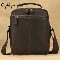 Cyflymder Genuine Leather Men’s Shoulder Bag Vintage Crazy Horse Skin Double Zipper Pocket Flap