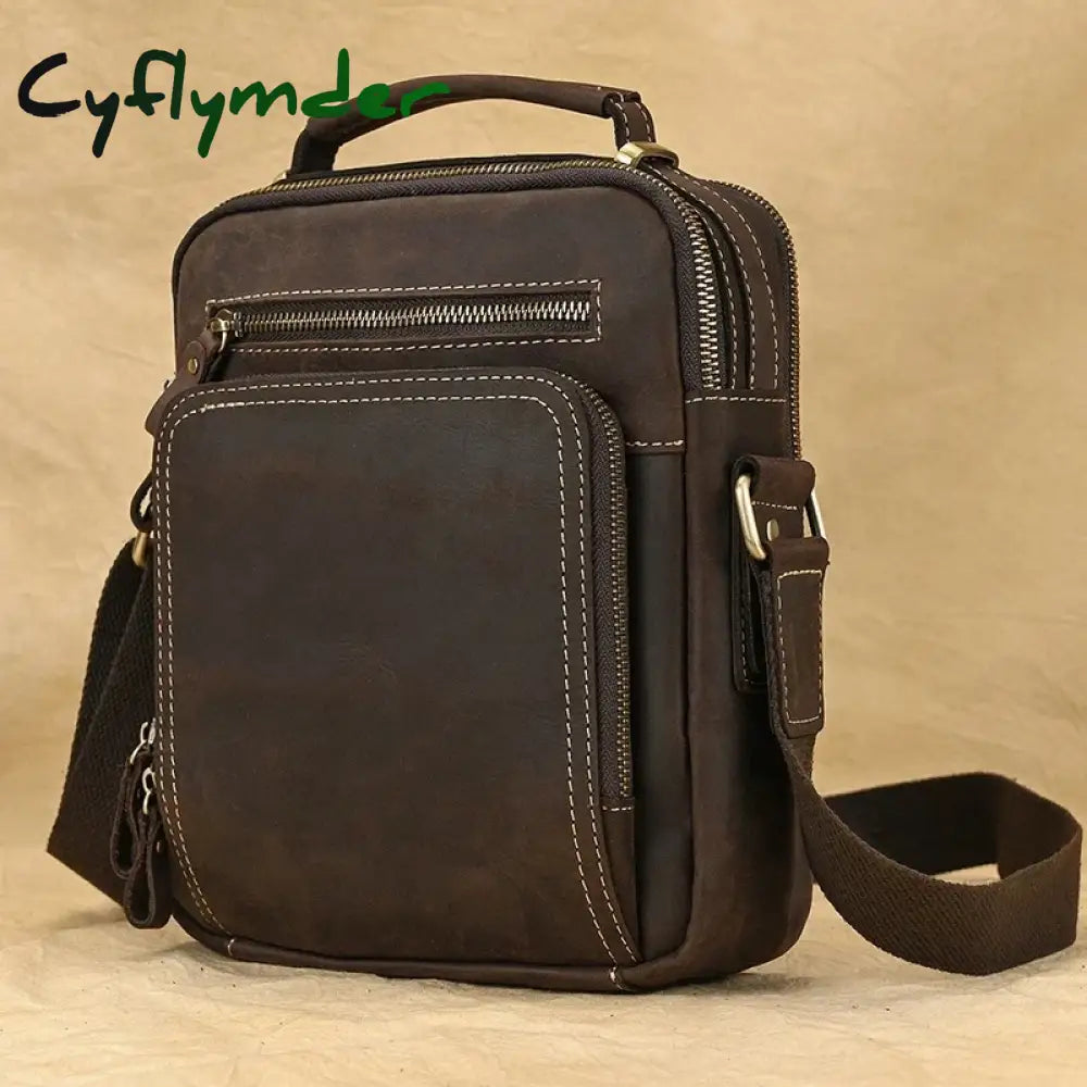 Genuine Leather Men's Shoulder Bag Vintage Crazy Horse Skin Double Zipper Pocket Flap Messenger Bag Man Daily Handbag