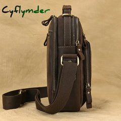 Cyflymder Genuine Leather Men’s Shoulder Bag Vintage Crazy Horse Skin Double Zipper Pocket Flap