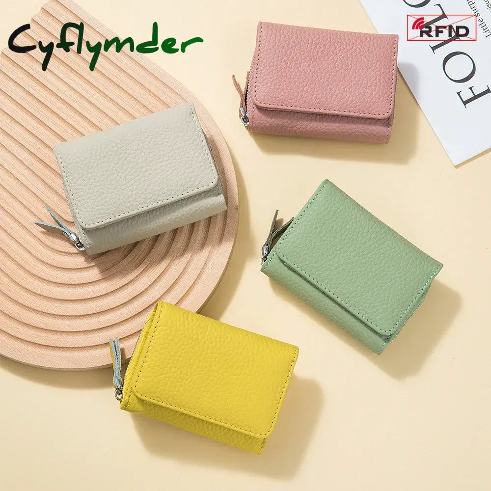 Cyflymder Genuine Leather RFID Short Wallets Card Holder Bag Portable Cowhide Small Zipper Money Coin Purse For Men