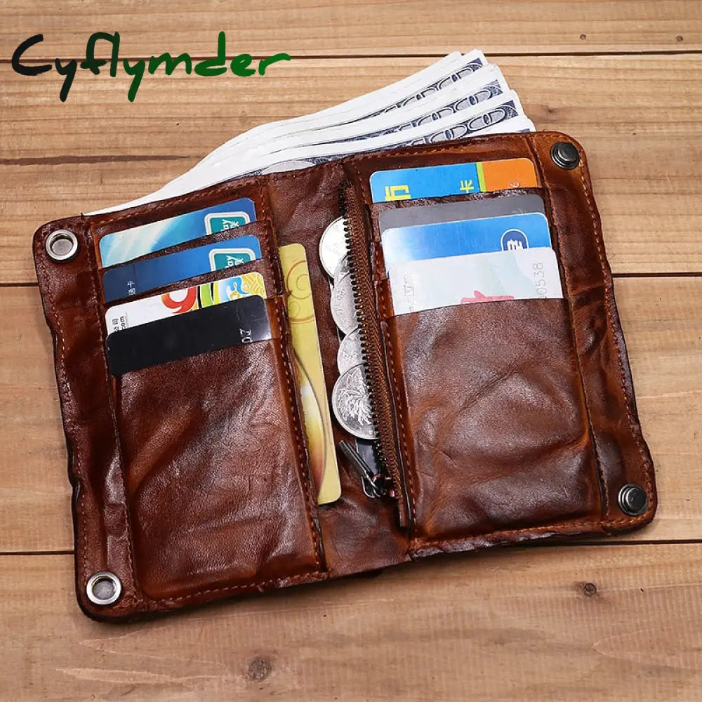 Cyflymder Genuine Leather Wallet For Men Vintage Wrinkled Short Bifold Man Purse Credit Card Holder