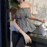 Girls Elegant Ruffles Plaid Tube Tops Women's Stretchy Wrap Tubes Bandeau Short Strapless Camisole Crop Top For Female