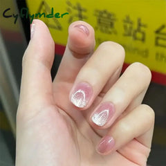 Cyflymder Glitter Cat Eye False Nail Wearable Chic Short Square Fake Nails Full Cover Detachable Finished Ballet Nails
