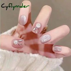 Cyflymder Glitter Cat Eye False Nail Wearable Chic Short Square Fake Nails Full Cover Detachable Finished Ballet Nails