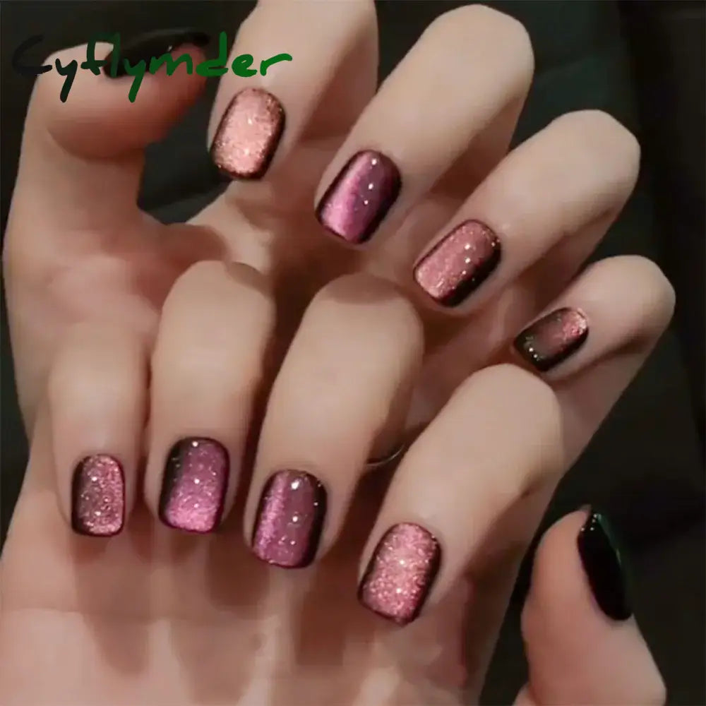 Cyflymder Glitter Cat Eye False Nail Wearable Chic Short Square Fake Nails Full Cover Detachable Finished Ballet Nails