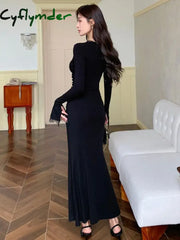 Cyflymder going out outfits winter Elegant Black Mermaid Dresses for Women Autumn Winter Lace V-Neck Long Sleeve Party