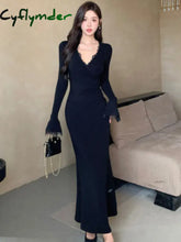 Cyflymder going out outfits winter Elegant Black Mermaid Dresses for Women Autumn Winter Lace V-Neck Long Sleeve Party