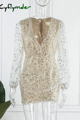 Cyflymder - Gold Sexy Solid Sequins Patchwork V Neck Pencil Skirt Dresses