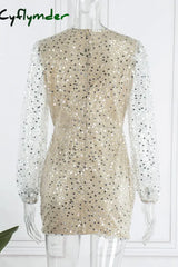 Cyflymder - Gold Sexy Solid Sequins Patchwork V Neck Pencil Skirt Dresses