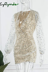 Cyflymder - Gold Sexy Solid Sequins Patchwork V Neck Pencil Skirt Dresses