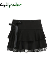 Cyflymder summer inspo Goth Y2K Black Lace Trim Bow A Line Mini Skirt Women Korean Streetwear S / Black
