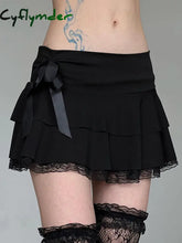 Cyflymder summer inspo Goth Y2K Black Lace Trim Bow A Line Mini Skirt Women Korean Streetwear