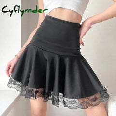 Cyflymder Gothic Black Lace Patchwork Skirt Women Casual Sexy Mini Dark Y2K Aesthetic Slim High Waist Long Skirt