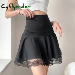 Cyflymder Gothic Black Lace Patchwork Skirt Women Casual Sexy Mini Dark Y2K Aesthetic Slim High Waist Long Skirt