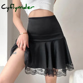 Cyflymder Gothic Black Lace Patchwork Skirt Women Casual Sexy Mini Dark Y2K Aesthetic Slim High Waist Long Skirt