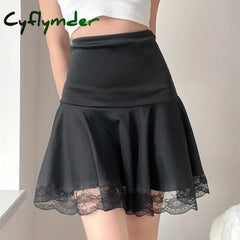 Cyflymder Gothic Black Lace Patchwork Skirt Women Casual Sexy Mini Dark Y2K Aesthetic Slim High Waist Long Skirt 9512