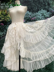 Cyflymder Gothic Lolita Lace Mesh Ruffles Fairy Princess Party Skirt Women Asymmetrical Cute Curtain Sheer Cover Up