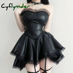 Cyflymder Gothic Punk Style Black Party Mini Dress Women Sexy Hollowed Out Bandage PU Leather Strapless Dresses Sweet