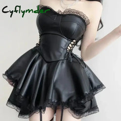 Cyflymder Gothic Punk Style Black Party Mini Dress Women Sexy Hollowed Out Bandage PU Leather Strapless Dresses Sweet