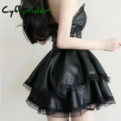 Cyflymder Gothic Punk Style Black Party Mini Dress Women Sexy Hollowed Out Bandage PU Leather Strapless Dresses Sweet