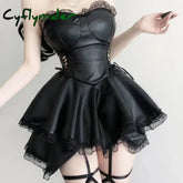 Gothic Punk Style Black Party Mini Dress Women Sexy Hollowed Out Bandage PU Leather Strapless Dresses Sweet Girls Y2K Lace Dress
