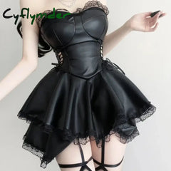 Gothic Punk Style Black Party Mini Dress Women Sexy Hollowed Out Bandage PU Leather Strapless Dresses Sweet Girls Y2K Lace Dress