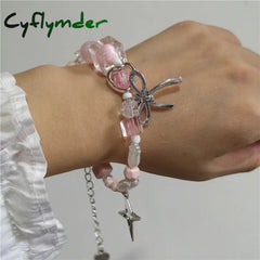 Cyflymder Gothic Vintage Kawaii Bowknot Star Moon Pink Heart Y2k Beads Beaded Bracelet For Girl Y2k EMO 90s Aesthetic