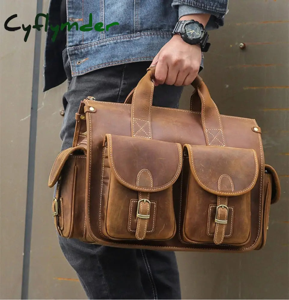 Cyflymder Grade Quality Laptop Briefcase Crazy Horse Genuine Leather Bags Notebook Pc Shoulder Bag