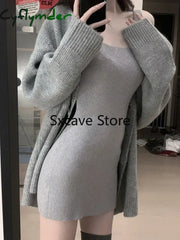 Cyflymder Gray 2 Piece Dress Set Women Casual Long Sleeve Cardigan + Bodycon Strap Sweater Dress Evening Party Knitted