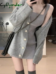 Cyflymder Gray 2 Piece Dress Set Women Casual Long Sleeve Cardigan + Bodycon Strap Sweater Dress Evening Party Knitted