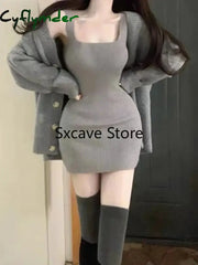 Cyflymder Gray 2 Piece Dress Set Women Casual Long Sleeve Cardigan + Bodycon Strap Sweater Dress Evening Party Knitted