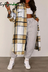 Cyflymder - Green Casual Plaid Patchwork Turndown Collar Outerwear Cardigans