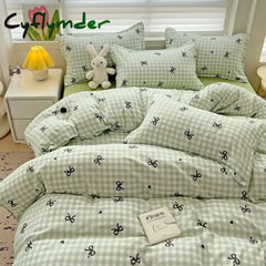 Cyflymder Green Nordic Bedding Set Ins Plaid Girls Boys Double Queen Size Duvet Cover Flat Sheet Pillowcase New No
