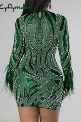 Cyflymder - Green Sexy Patchwork Hot Drilling See-Through Half A Turtleneck Long Sleeve Dresses