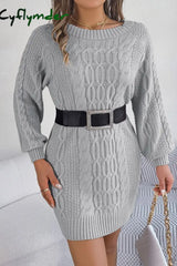 Cyflymder - Grey Casual Solid Basic O Neck Long Sleeve Dresses (Without Belt)