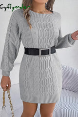 Cyflymder - Grey Casual Solid Basic O Neck Long Sleeve Dresses (Without Belt)