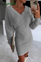 Cyflymder - Grey Casual Solid Basic V Neck Long Sleeve Dresses